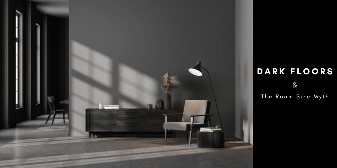 Image is showing dark room, probably a living room showing dresser, TV stand, a Stand Lamp and Chair, Image is showing Text, Dark Foom & Room Size Myths