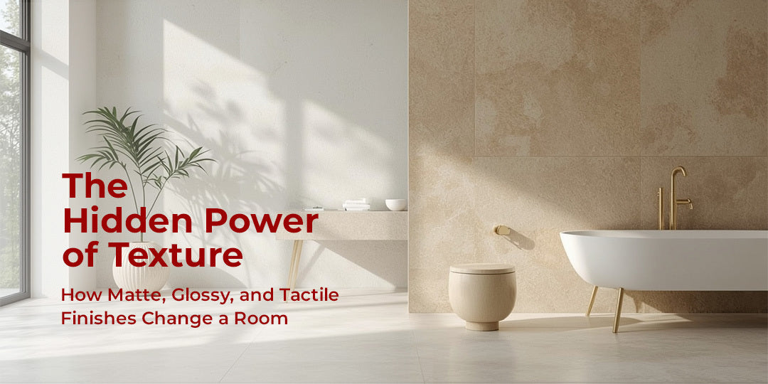 The Hidden Power of Texture, Image is showing bathroom with red fonts on it, Image is showing text of "The Hidden Power of Texture How Matte, Glossy, and Tactile Finishes Change a Room"