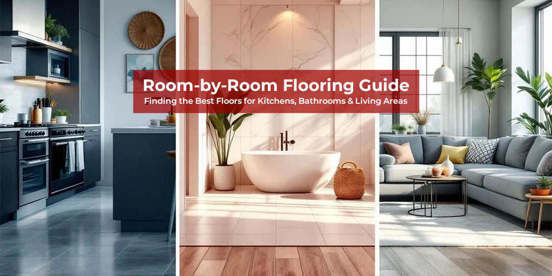 Image is showing font about "Room by Rooms Flooring Guide: Finding the best floors for Kitchens, Bathrooms, and Living Areas. Image is showing three images about kitchen, bathroom, and living room