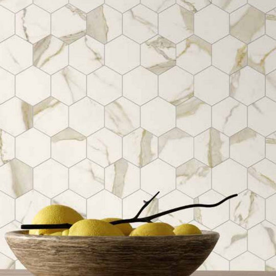 Del-Conca-USA-12-x-12-Nature-Glazed-Porcelain-Hexagon-Mosaic-Calacatta-Gold