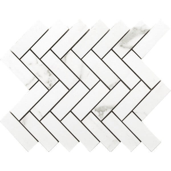 Happy Floors 9" x 12" Statuario Interlocking Glossy Porcelain Herringbone Mosaic