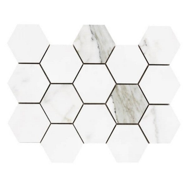 Happy Floors Luxe 11" x 13" Statuario Interlocking Polished Porcelain Large Hexagon Mosaic