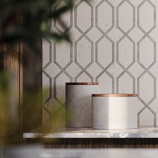 Tesoro-13.75-x-11.75-La-Marca-Rectified-Polished-Modella-Porcelain-Mosaic-Statuario-Nuovo