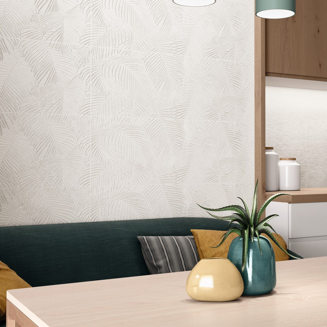Tesoro-12-x-36-Kentia-Rectified-Glossy-Ceramic-Deco-Tile-Crayon-White-Palm