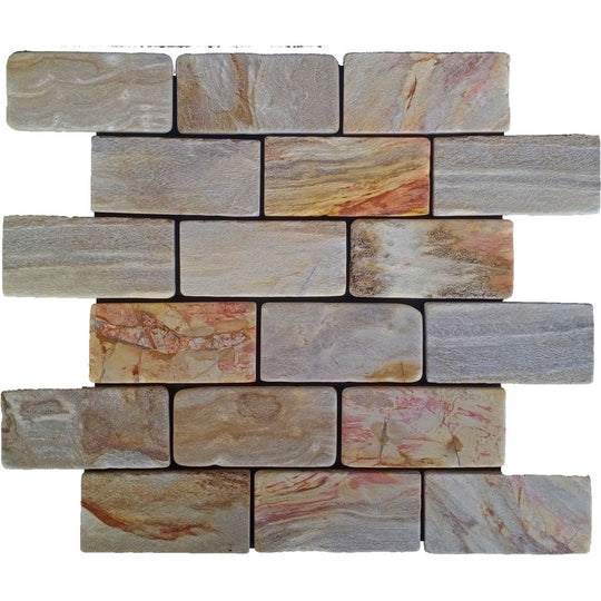 Bati Orient 12" x 12" Ancient Fossil Wood Stone 2x4" Brick Mosaic