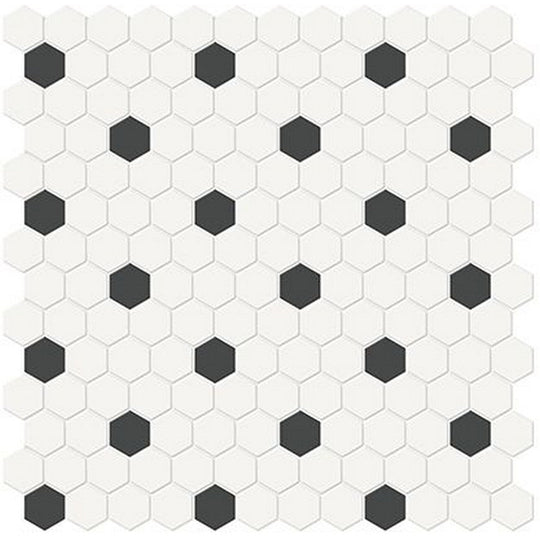 Florida-Tile-Soho-12-x-12-Hexagon-1-Mixed-Matte-Porcelain-Mosaic-Canvas-White-|-Retro-Black