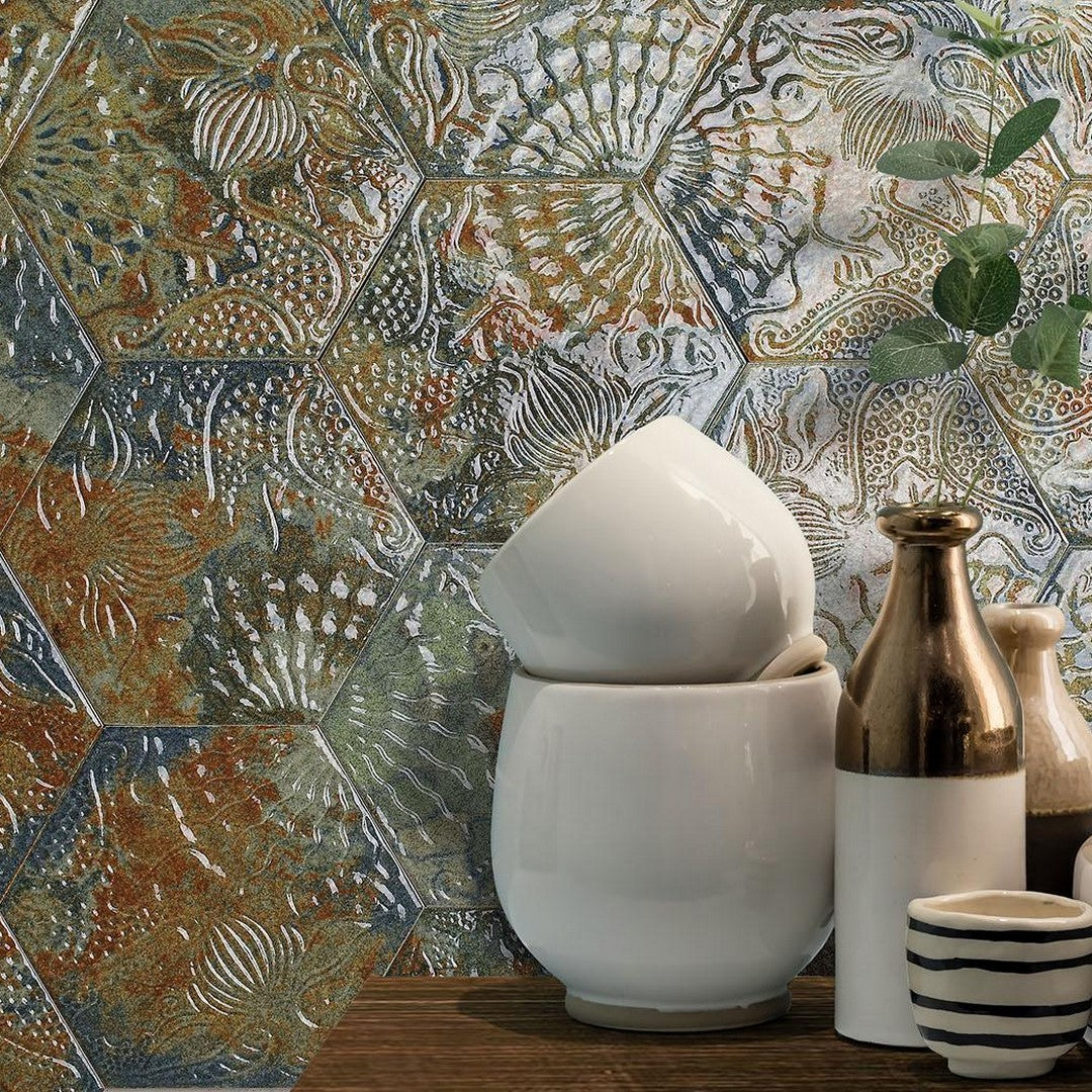 Tesoro-8.5-x-9.75-Gaudi-Pressed-Embossed-Hexagon-Porcelain-Tile-Reactive-Ocean