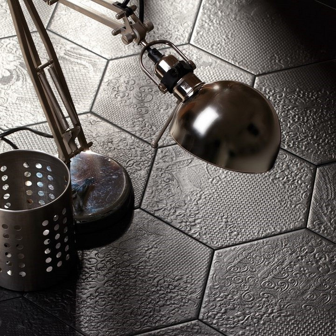 Tesoro-8.5-x-9.75-Milano-Pressed-Embossed-Hexagon-Porcelain-Tile-Black