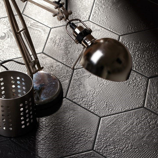 Tesoro-8.5-x-9.75-Milano-Pressed-Embossed-Hexagon-Porcelain-Tile-Black