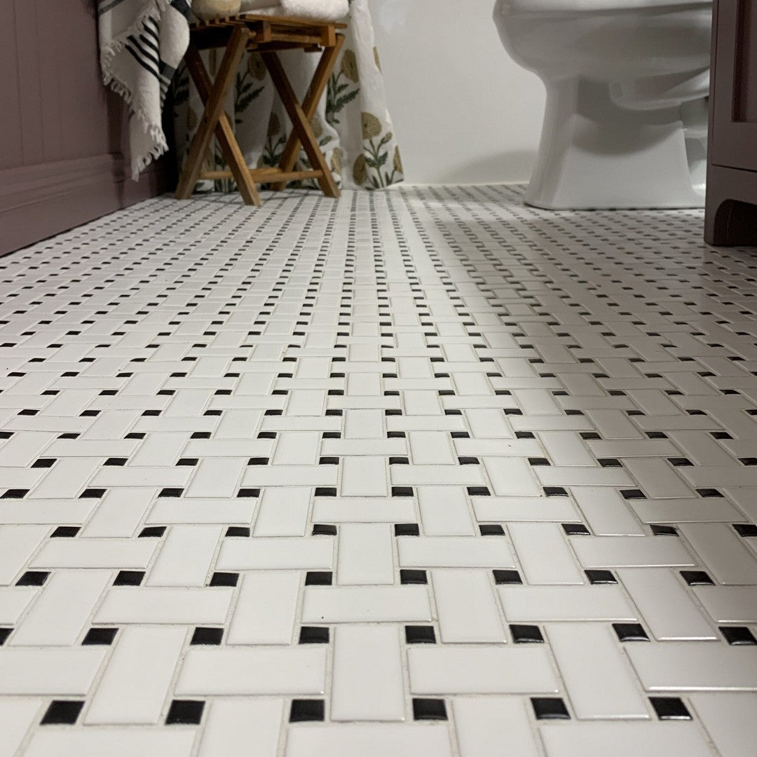 Bedrosians-Le-Cafe-12-x-12-Basket-Weave-Porcelain-1-Mosaic-w/-Glass-Dot-White-Matte-Black-Glossy-Dot-