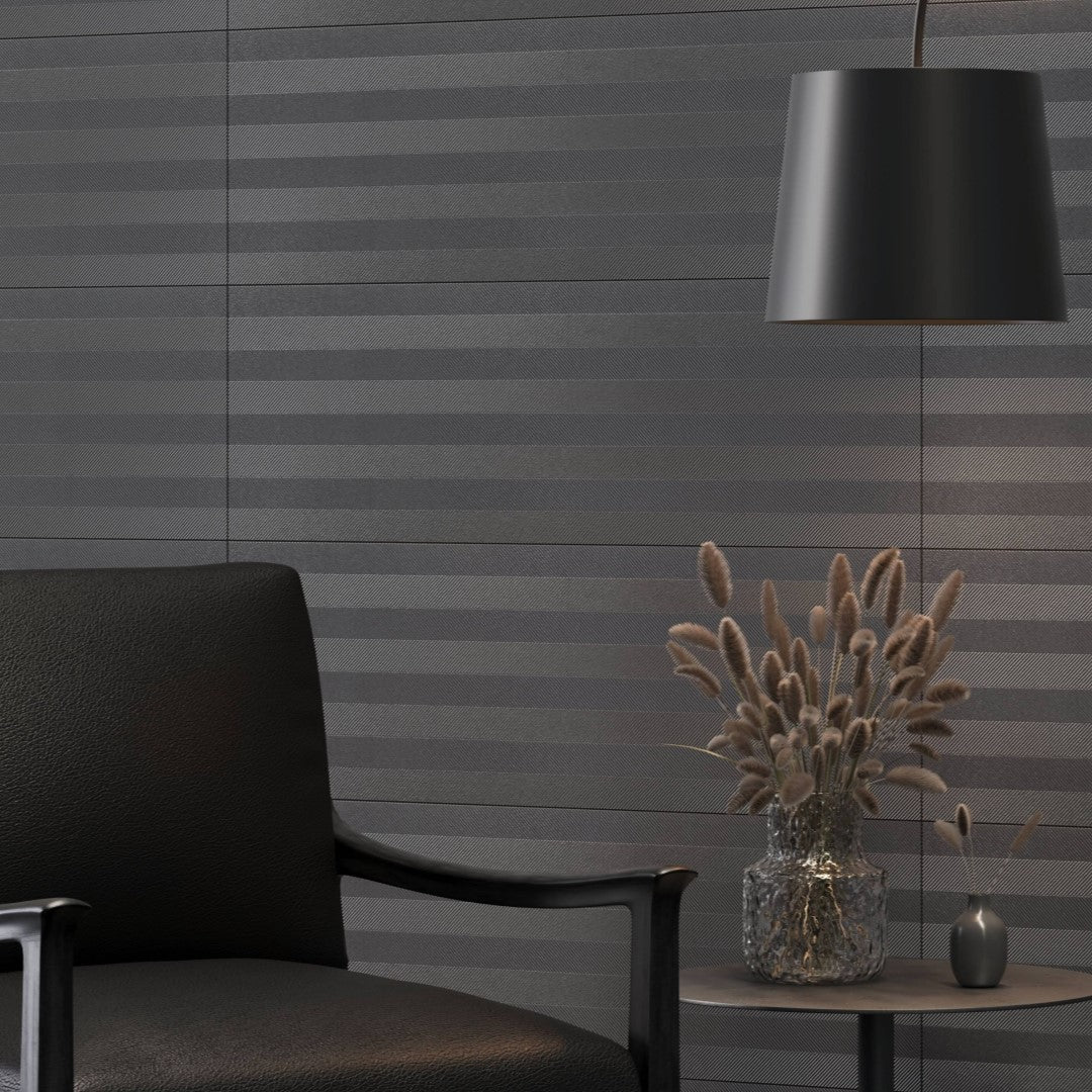 Decortiles-12-x-36-Metallics Wall Tile-Line-Linear-Pattern-Ceramic-Deco-Wall-Tile-Chumbo