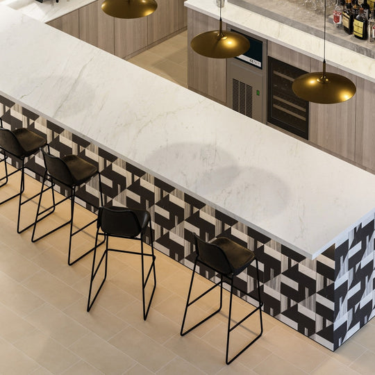 Bedrosians-Modni-16-x-16-Lennox-Honed-Marble-Mosaic-Tile-White-Carrara,-Nero-Marquina-&-Bardiglio-Nuvolato