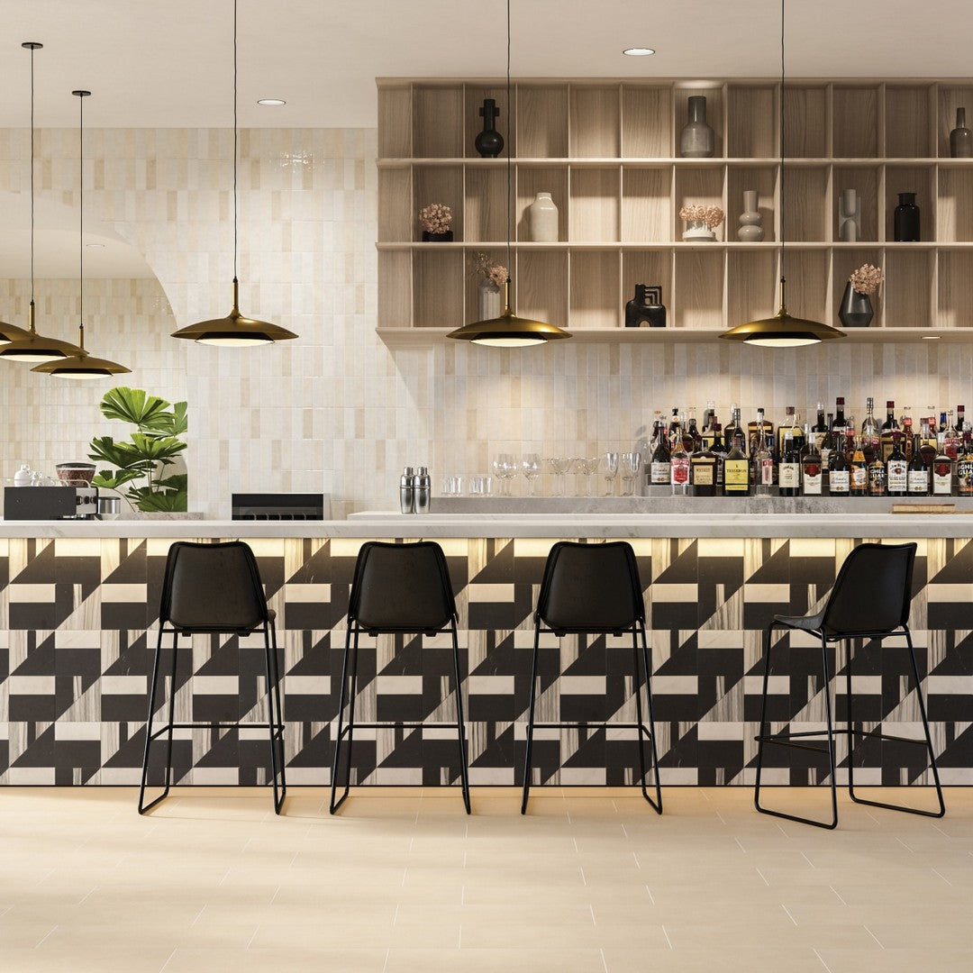 Bedrosians-Modni-16-x-16-Lennox-Honed-Marble-Mosaic-Eastern-White,-Nero-Marquina-&-Calcatta-Zebrino