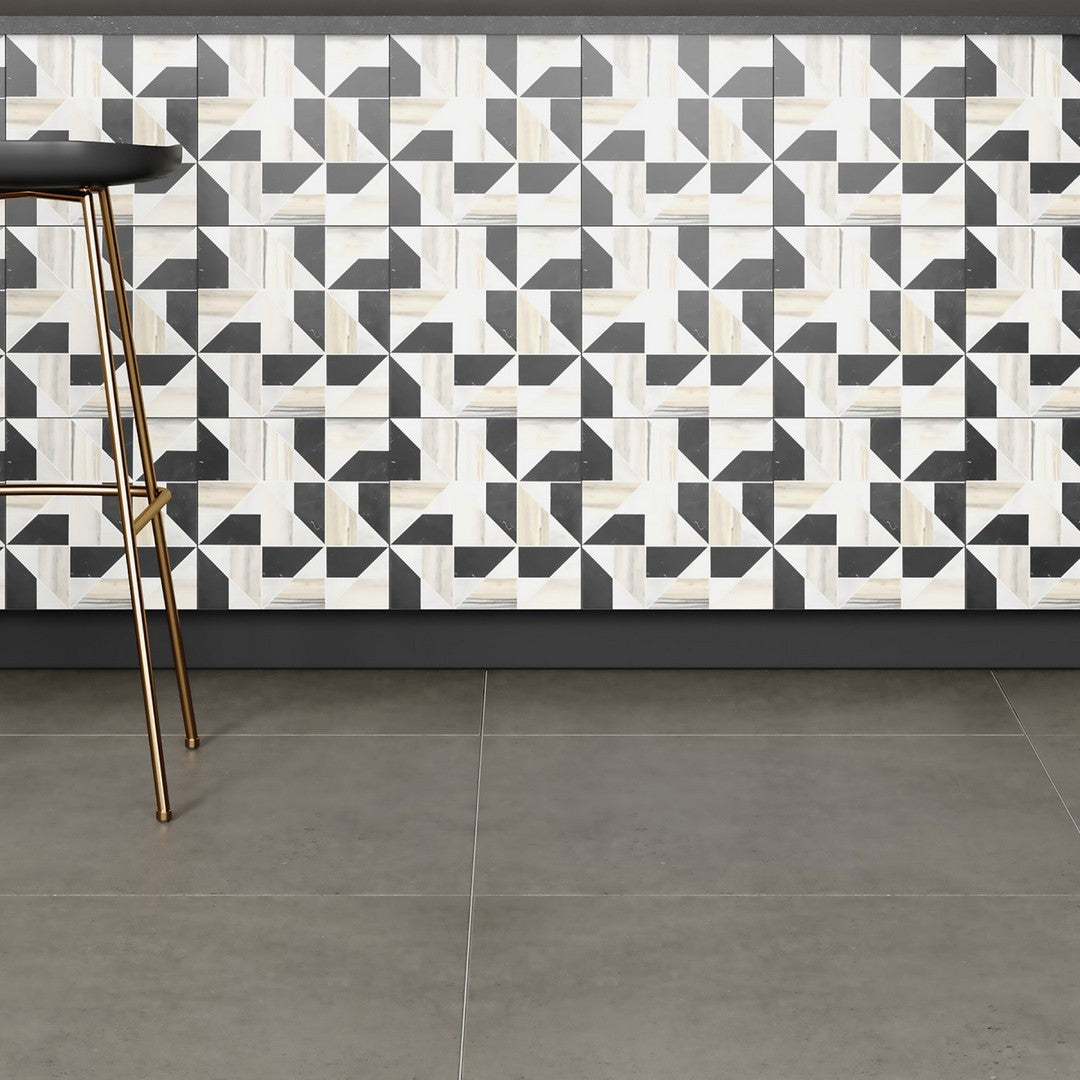 Bedrosians-Modni-11.75-x-11.75-Quin-Honed-Marble-Mosaic-Eastern-White,-Nero-Marquina-&-Calcatta-Zebrino