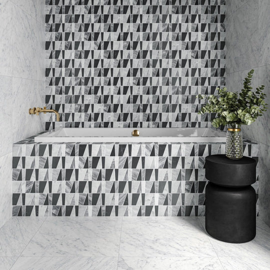 Bedrosians-Modni-11.75-x-12.75-Zayden-Honed-Marble-Mosaic-Tile-White-Carrara,-Nero-Marquina-&-Bardiglio-Nuvolato