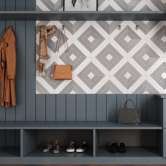 Decortiles-12-x-12-Outline-Satin-1-Double-Diagonal-Pattern-Ceramic-Deco-Wall-Tile-White-Silver