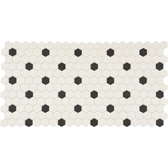 Daltile-Keystones-12-x-21-Matte-Porcelain-1-Hexagon-Mosaic-Arctic-White-|-Black