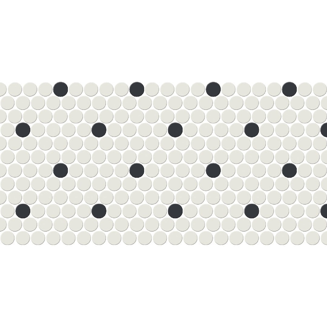 Daltile-Keystones-10-x-22-Matte-Porcelain-1-Retro-Dot-Penny-Rounds-Mosaic-Arctic-White-|-Black