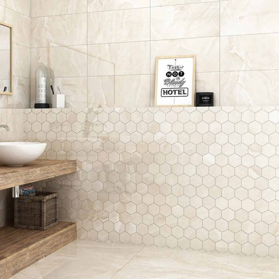 Tesoro-10.25-x-11.75-Lucca-Rectified-Polished-Porcelain-3-Hexagon-Mosaic-Onyx