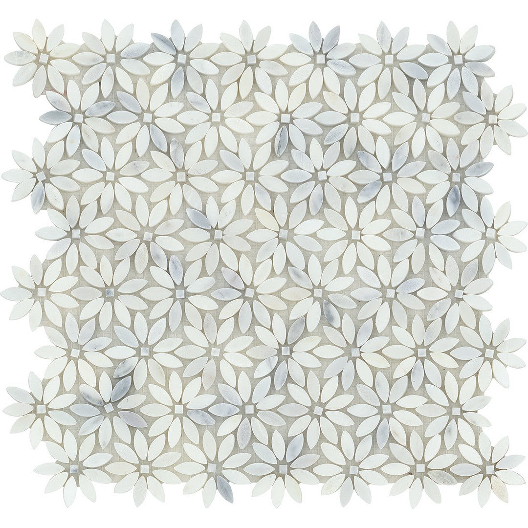 Emser 12" x 13" Marble Winter Frost Polished Marble Daisy Mosaic