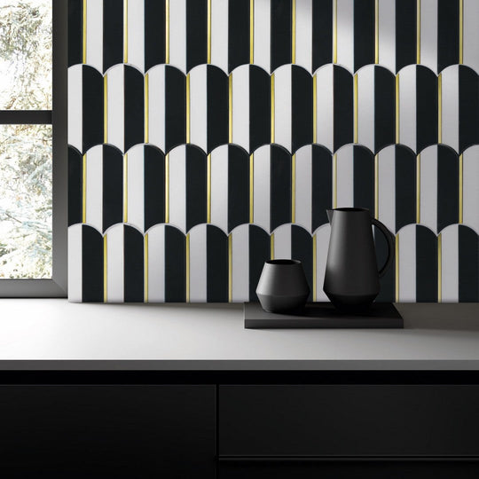 Tesoro-13.25-x-10.25-Showtime-Polished-Waterjet-Natural-Stone-Mosaic-Thassos-Nero-With-Metal-Inlay