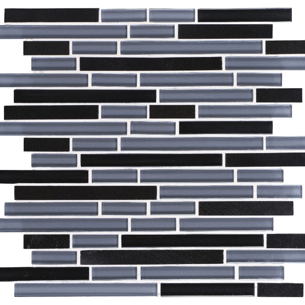 Daltile-Granite-Radiance-12-x-12-Stone-&-Glass-5/8-Deco-Random-Linear-Mosaic-Absolute-Black-Blend