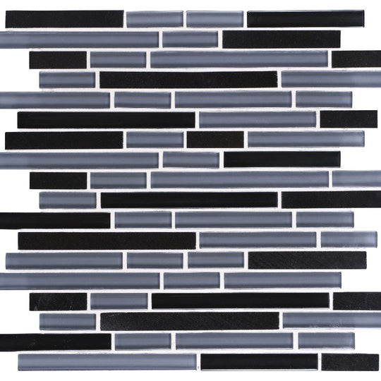 Daltile-Granite-Radiance-12-x-12-Stone-&-Glass-5/8-Deco-Random-Linear-Mosaic-Absolute-Black-Blend