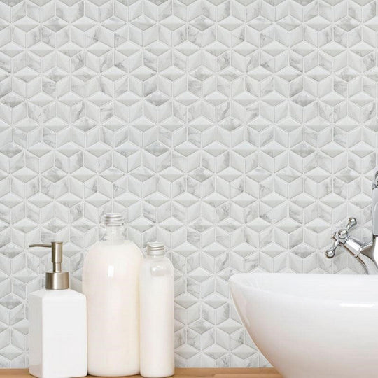 Happy-Floors-10.5-x-10.5-Endura-Recycled-Glass-3D-Rhomboid-Mosaic-Calacatta