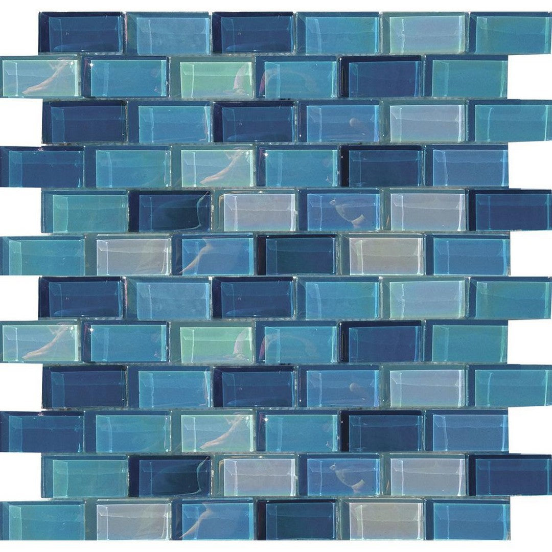 Tesoro 12" x 12" Lux Aqua Staggered Glass Mosaic