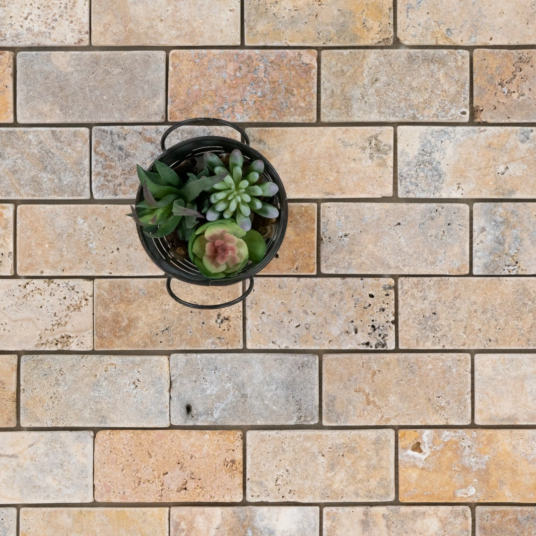 Keystone 12" x 12" Escabesa Tumbled Travertine 2x4" Mosaic-Escabesa