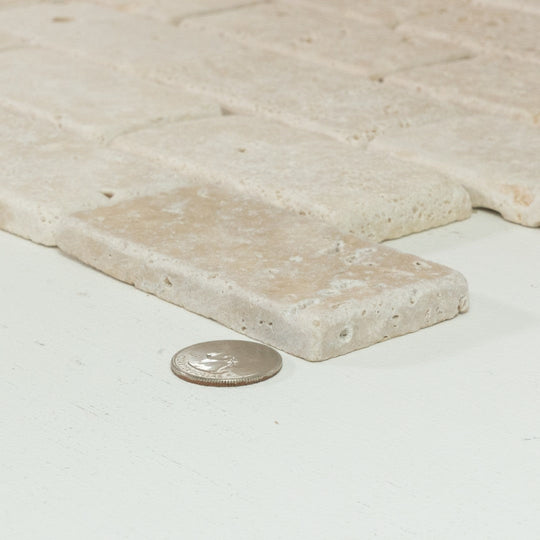 Keystone 12" x 12" Extra Light Tumbled Travertine 2x4" Mosaic-Extra Light