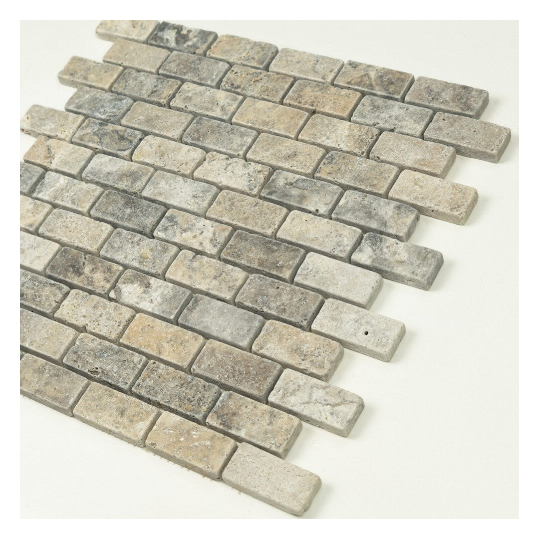 Keystone 12" x 12" Nordic Silver Tumbled Travertine 1x2" Mosaic-Nordic Silver