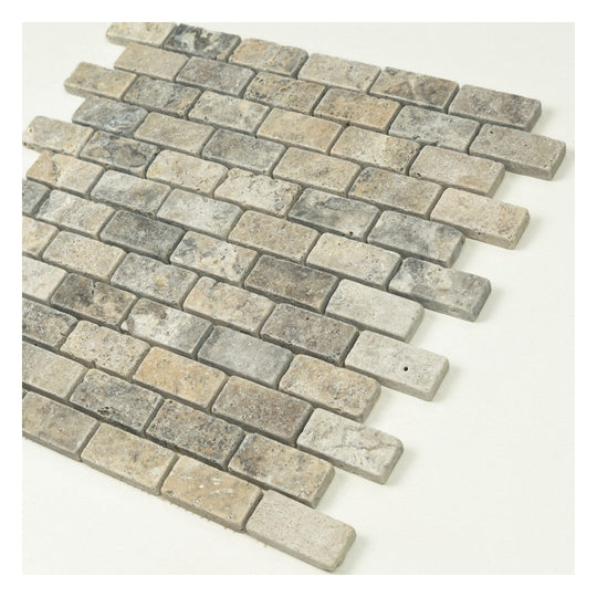 Keystone 12" x 12" Nordic Silver Tumbled Travertine 1x2" Mosaic-Nordic Silver