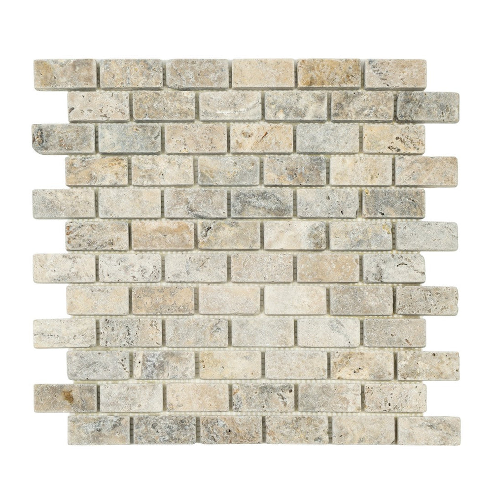 Keystone 12" x 12" Nordic Silver Tumbled Travertine 1x2" Mosaic