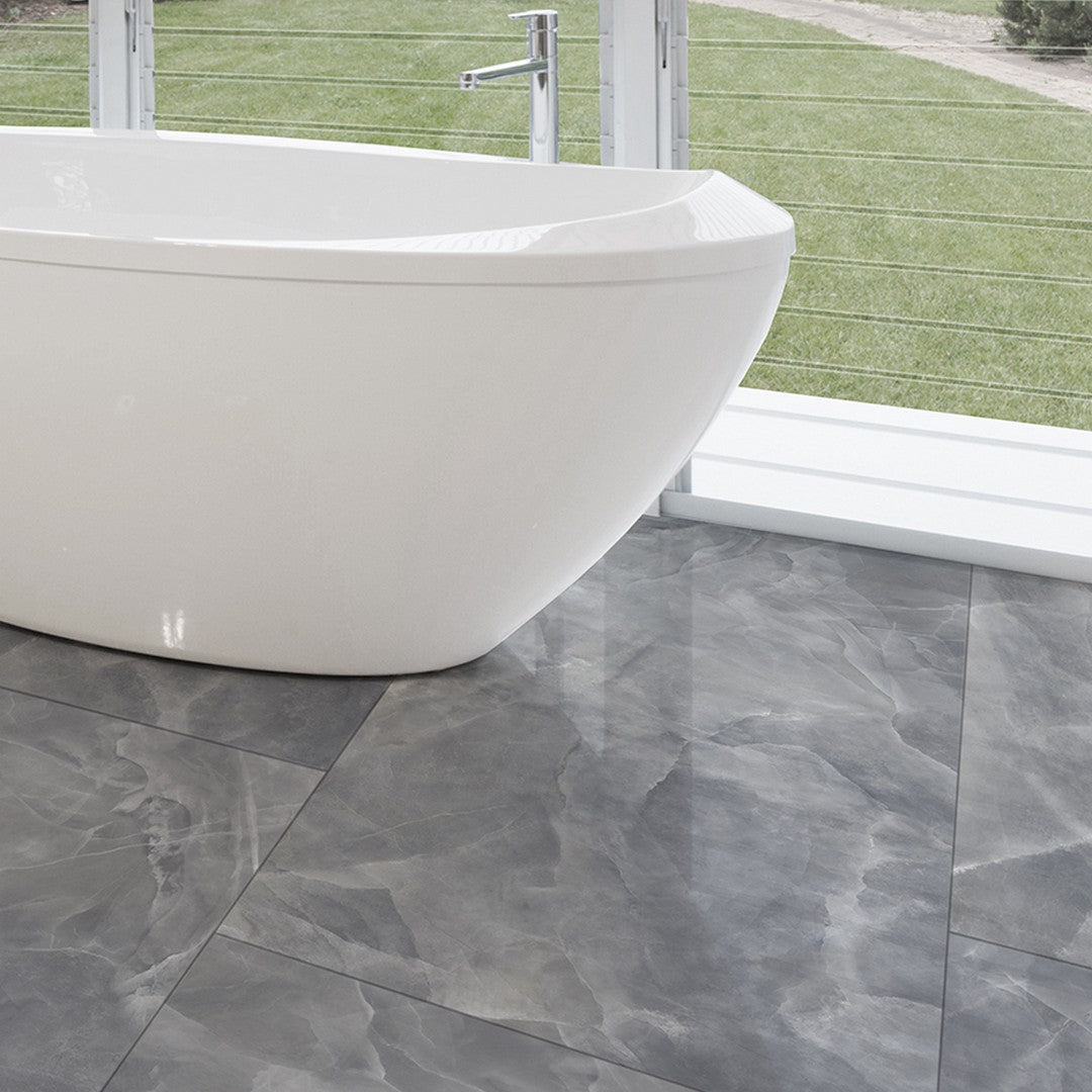 Keystone 24" x 48" Onyx Grey Polished Porcelain Floor Tile-Onyx Grey