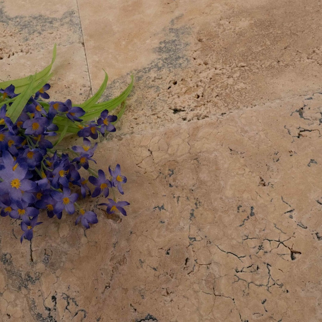 Keystone Ivory Rustic Chiseled Brushed Travertine Versailles Pattern Tile-Ivory Rustic