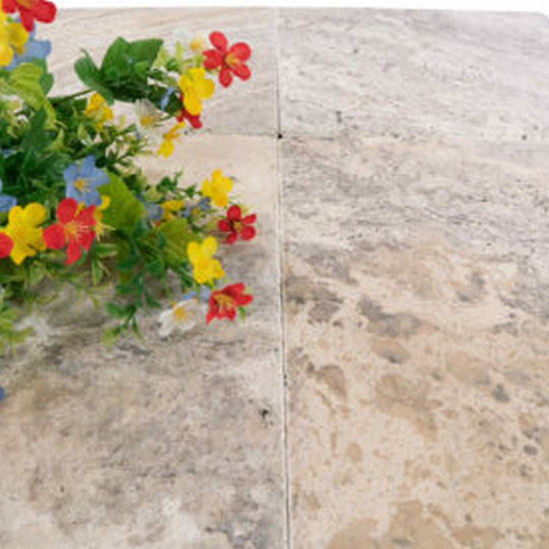 Keystone 16" x 16" Nordic Silver Chiseled Brushed Travertine Tile-Nordic Silver