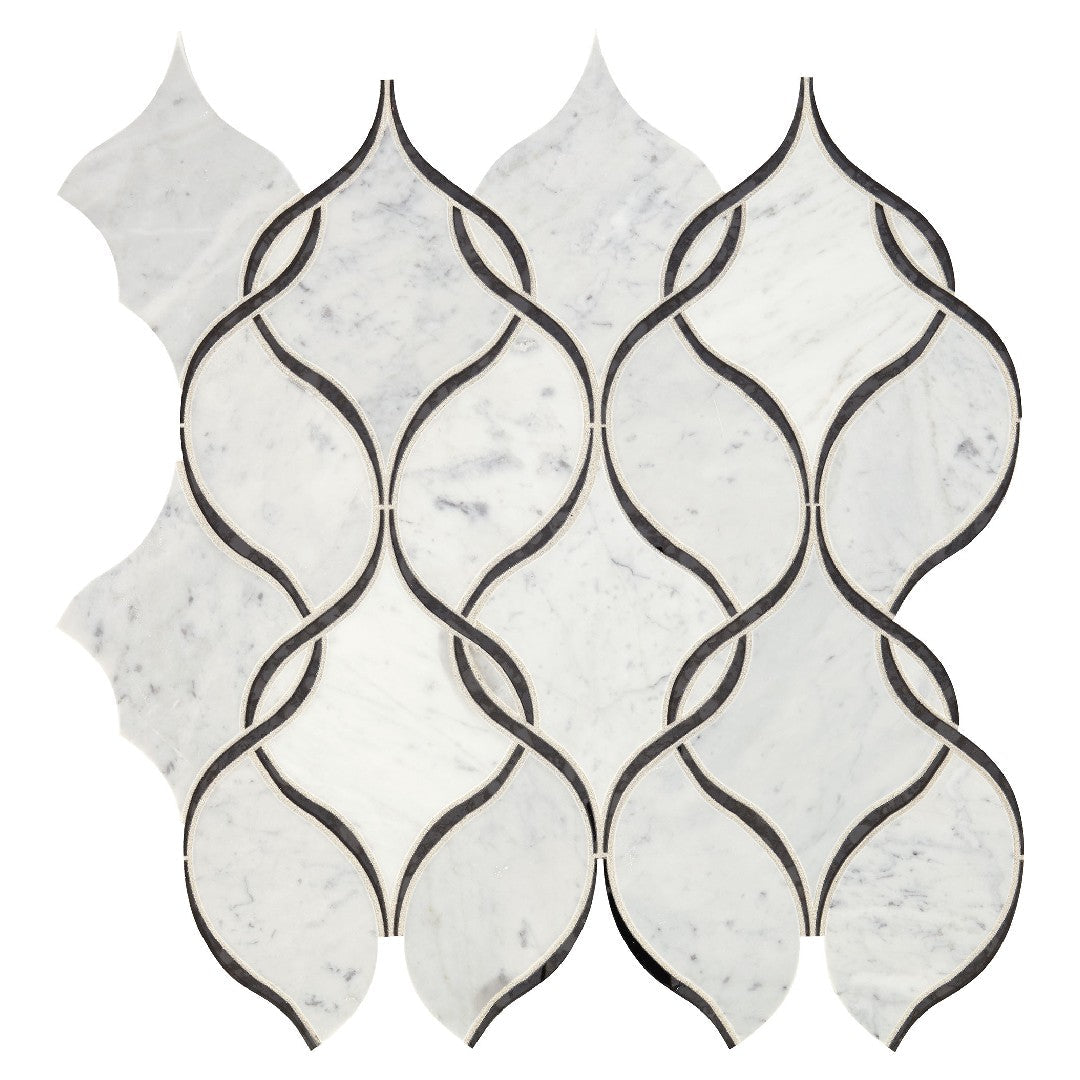 Daltile-Lavaliere-12-x-13-Polished-Natural-Stone-Intertwining-Arabesque-Wall-Mosaic-Carrara-White-|-Black-Ant-Mirror