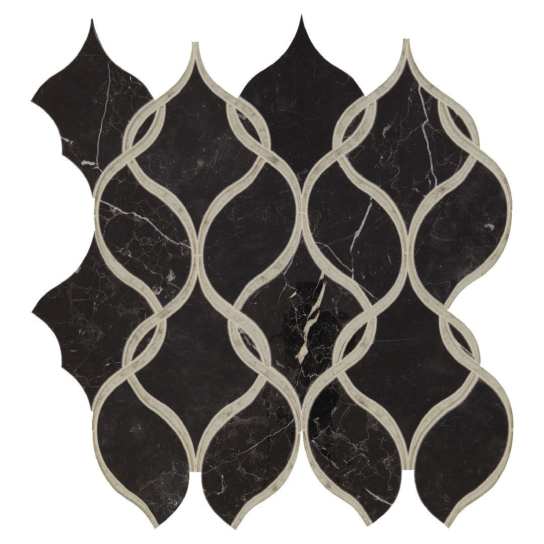 Daltile-Lavaliere-12-x-13-Polished-Natural-Stone-Intertwining-Arabesque-Wall-Mosaic-Nero-Marquina-|-Antique-Mirror