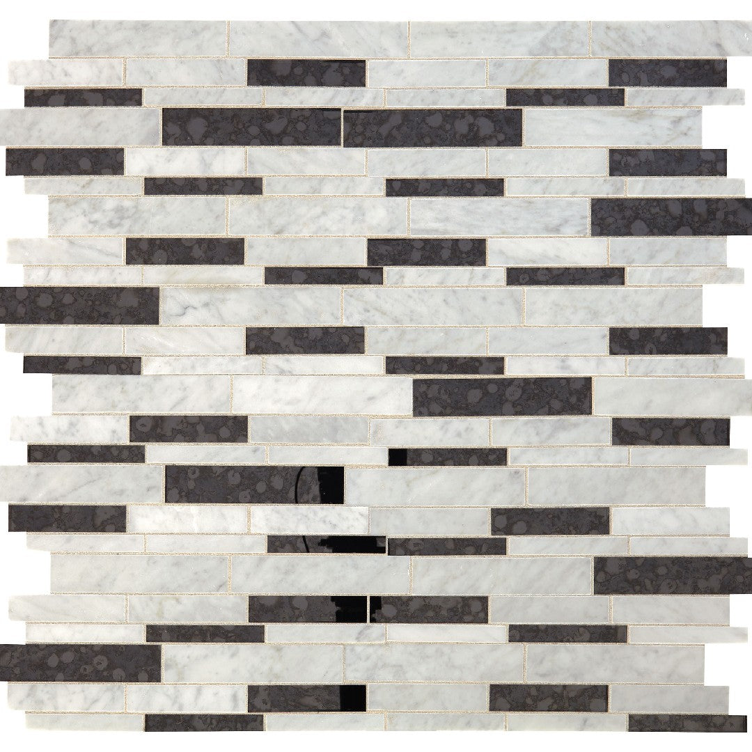 Daltile-Lavaliere-11-x-13-Polished-Natural-Stone-Random-Linear-Wall-Mosaic-Carrara-White-|-Black-Ant-Mirror