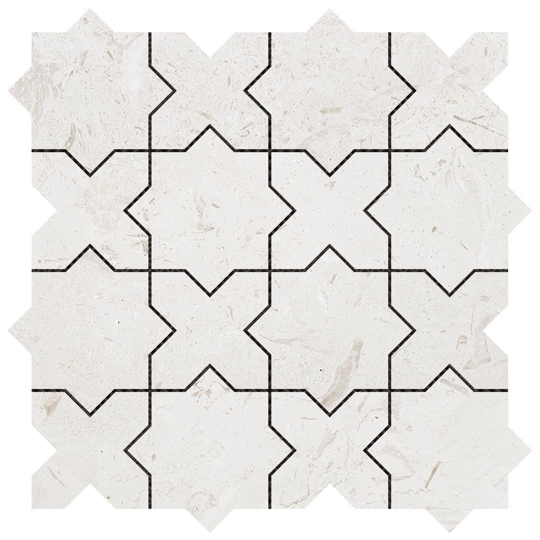 Bati Orient 12" x 12" White & Grey Marble Classic Interlocking 3" Cross & Star Mosaic