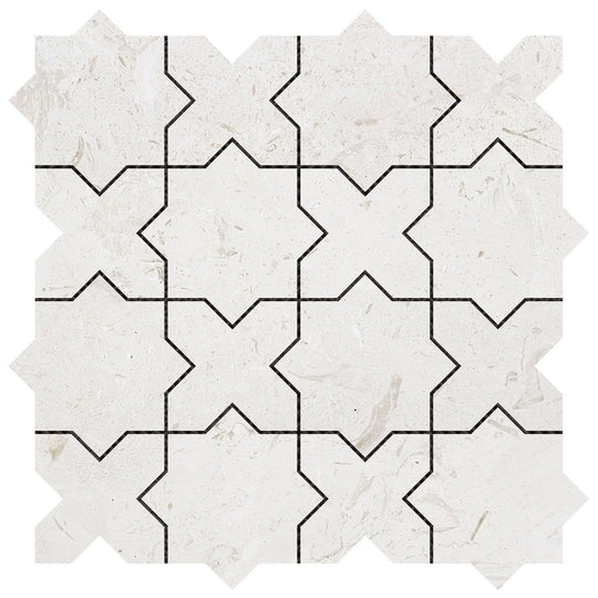 Bati Orient 12" x 12" White & Grey Marble Classic Interlocking 3" Cross & Star Mosaic