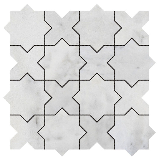 Bati Orient 12" x 12" White & Grey Marble Classic Interlocking 3" Cross & Star Mosaic