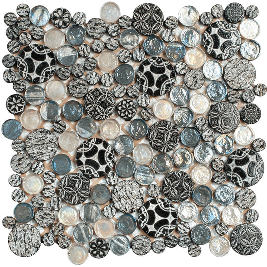 Bati Orient 12" x 12" Exotic Penny Round Décor Glass & Stone Mosaic