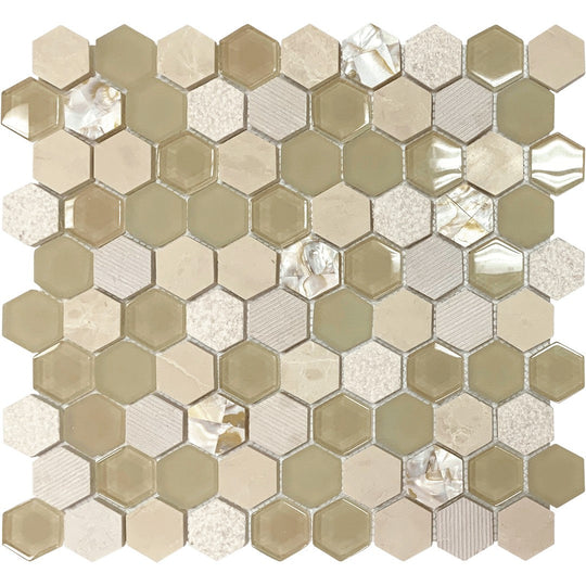 Bati Orient 11.6" x 12" Terrazzo Hexagon Mother Of Pearl, Glass & Marble Mosaic