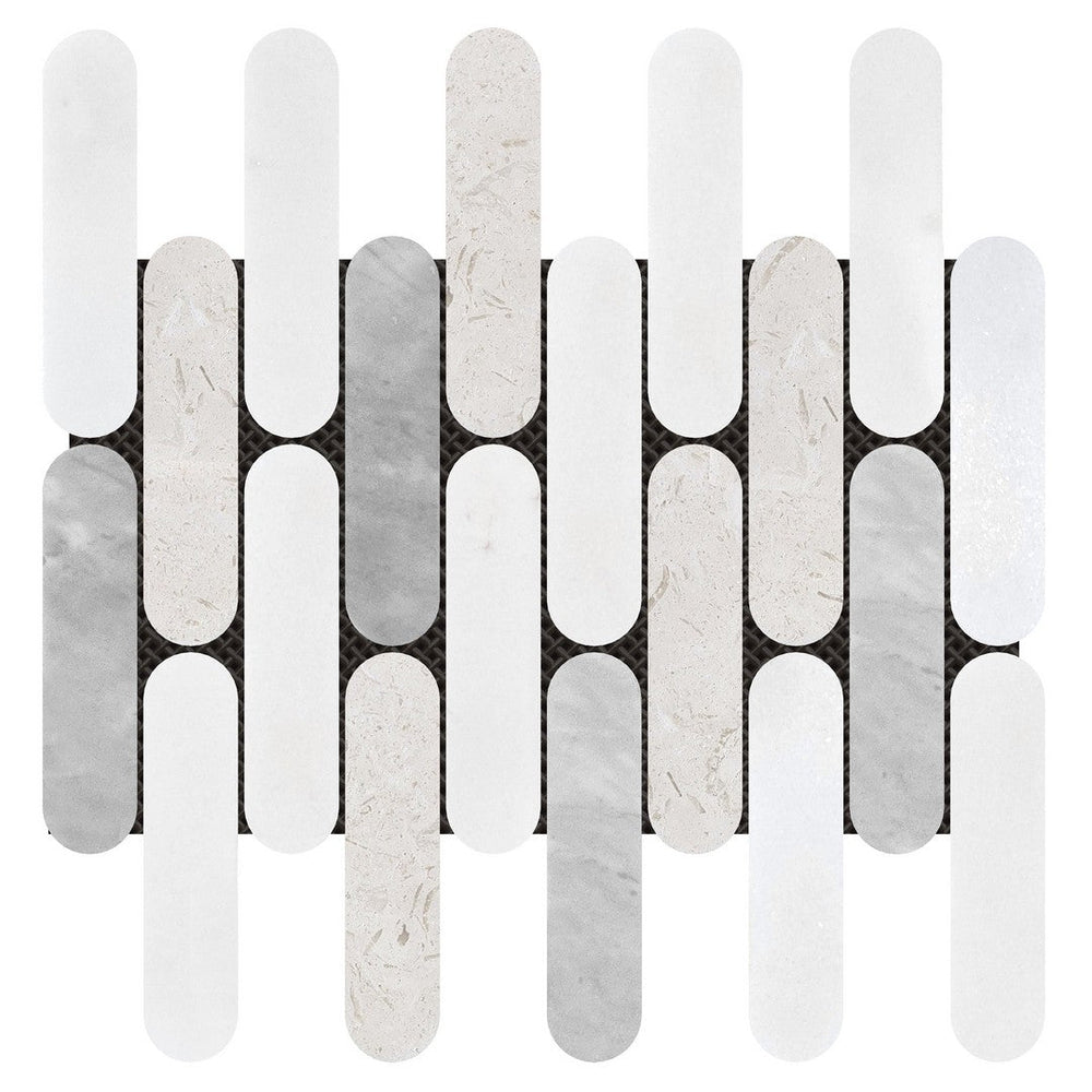 Bati Orient 11.5" x 12" White & Grey Marble Classic Interlocking 2x6" Elongated Round Mosaic