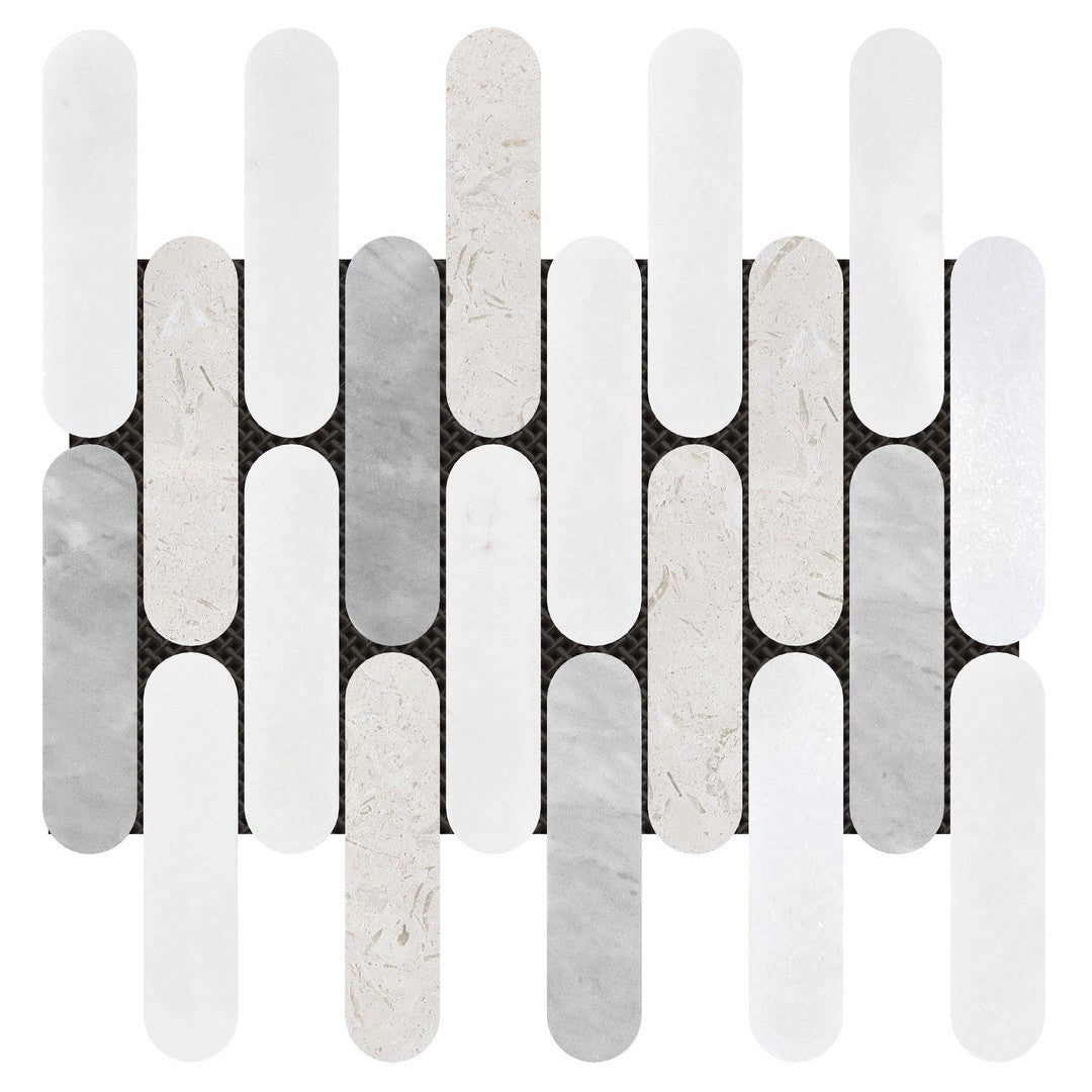 Bati Orient 11.5" x 12" White & Grey Marble Classic Interlocking 2x6" Elongated Round Mosaic