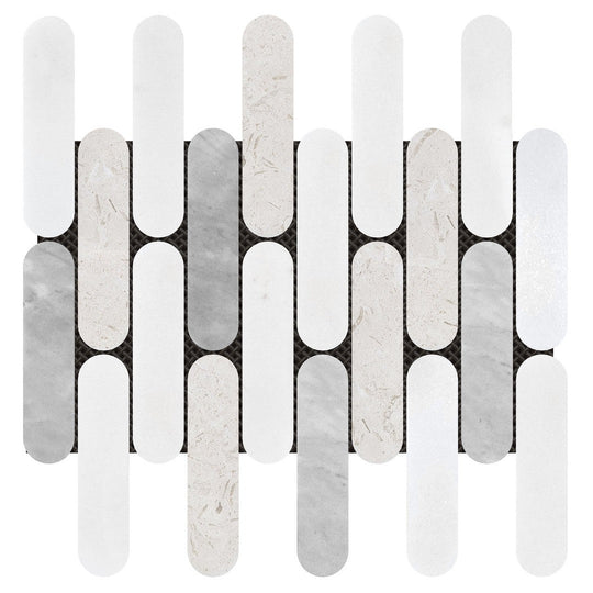 Bati Orient 11.5" x 12" White & Grey Marble Classic Interlocking 2x6" Elongated Round Mosaic