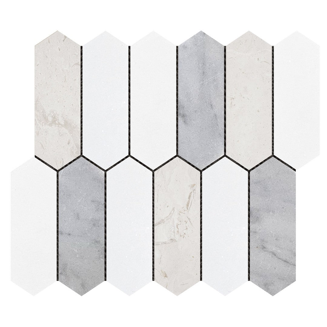 Bati Orient 10" x 12" White & Grey Marble Classic Interlocking 2x6" Picket Mosaic