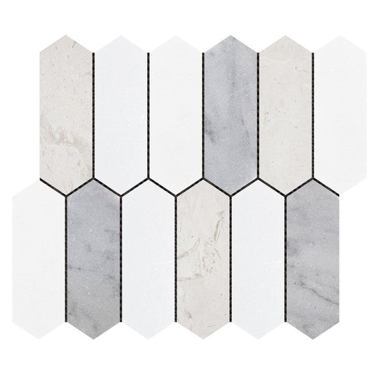 Bati Orient 10" x 12" White & Grey Marble Classic Interlocking 2x6" Picket Mosaic